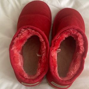 Red fuzzy ankle bootie